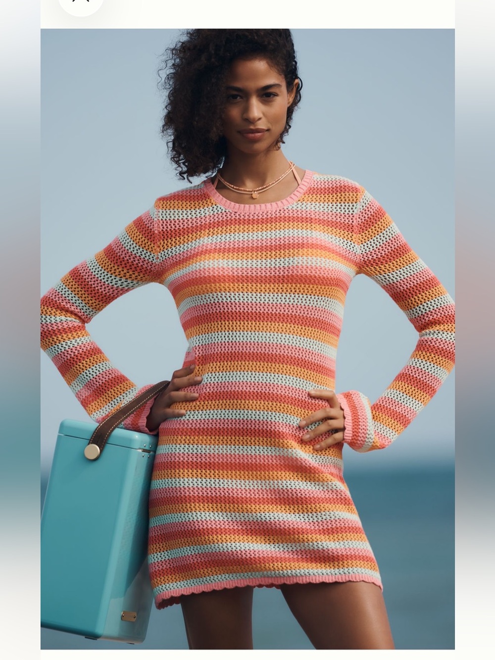 Beach Riot Striped Open-Knit Crewneck Sweater in Pink and Peach